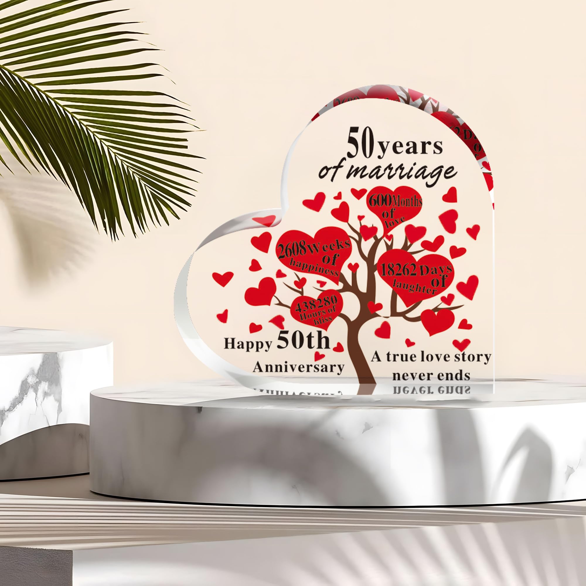 50th Wedding Anniversary Heart Shaped Acrylic Plaque Present with Sayings Ornament for Wife Loved Special One Men Women Couple Parents Anniversary Souvenir Marriage Keepsake Home Decoration Gift