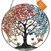 Stained Glass Sun Catcher for Windows Hanging - Handmade Tree of Life Window Decor for Women, Mom, Indoor/Outdoor Suncatchers for Home Garden, Christmas Wedding Housewarming Gift (6.31x6.31In)