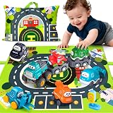 lerrbo 6 Vehicles with Trailer Map and Yellow Traffic Light Toddler Toy