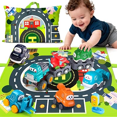 lerrbo 6 Vehicles with Trailer Map and Yellow Traffic Light Toddler Toy