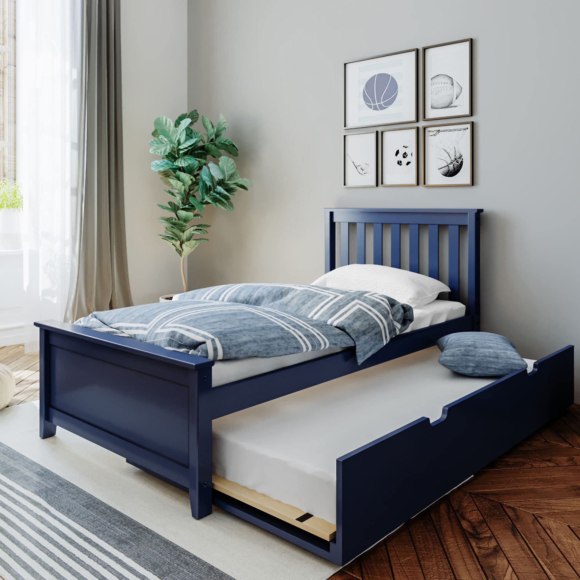 Photo 1 of Max & Lily Twin Bed, Wood Bed Frame with Headboard For Kids with Trundle, Slatted, Blue