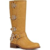 AMINUGAL Knee High Boots Women Square Toe Pull On Wide Calf Riding Fashion Buckles Chunky Metallic Casual Vintage Buckle Rivet