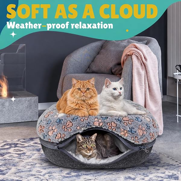 RINGTAIL PEEKABOO CAT CAVE DONUT FOR MULTIPLE & LARGE CATS UP TO 30-45 LB, 3-IN-1 SELF WARMING CAT BED TUNNEL WITH 2 SOFT FLUFFY FLEECE PET BLANKETS, SCRATCH, DETACHABLE & WASHABLE (DARK GRAY, LARGE)