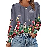 Zeagoo Womens Tops Puff Long Sleeve Shirts Dressy Casual Crew Neck Pleated Summer Fall Work Blouses S-3XL