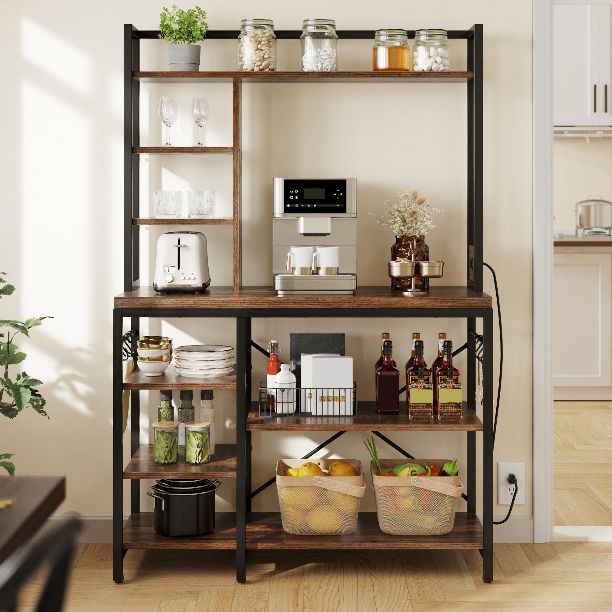 YITAHOME Microwave Stand Bakers Rack w Power Outlet, Coffee Bar Kitchen Freestanding Utility Storage Shelf for Pantry Appliance Spice Pot Pan Organizer w Thickened Counter 6 Hook 39", Rustic Image