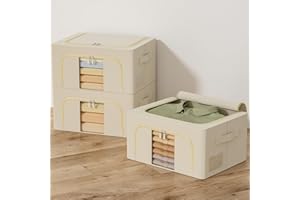 GoMaihe Space Saving Storage Bins 3-Pack, 24L Foldable Organizer with Metal Frame & Lid, Stackable Closet Box for Sweaters, K