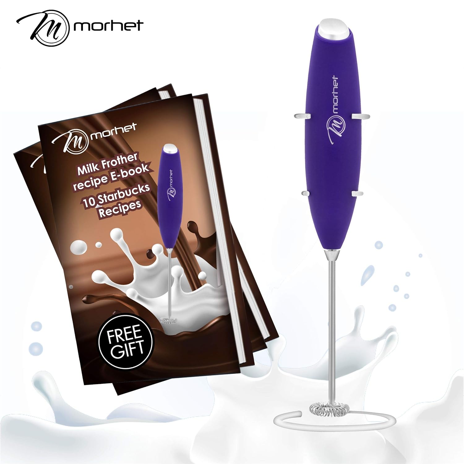 Premium Handheld Electric Milk Frother With Stand | Hand Mixer to Make Foam Frothed Milk for Coffee, Cappuccino, Lattes, Mochas & Hot Chocolate | Stick Blender with Steel Whisk | Purple