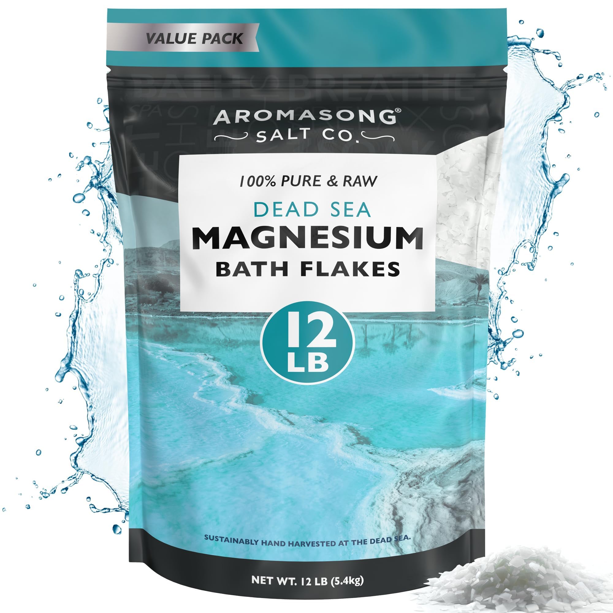 Aromasong Magnesium Flakes for Bath from The Dead Sea- 12 LB Resealable Pack Magnesium Chloride Flakes -Organic Bath Salt Muscle Relaxing Mineral Soak (Packaging May Vary)