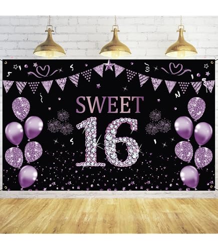 Halodete Happy Sweet 16 Banner – Girlande Für Mädchengeburtstag, Lila Glitzer, 2,2 M Lang, 40,6 Cm Hoch