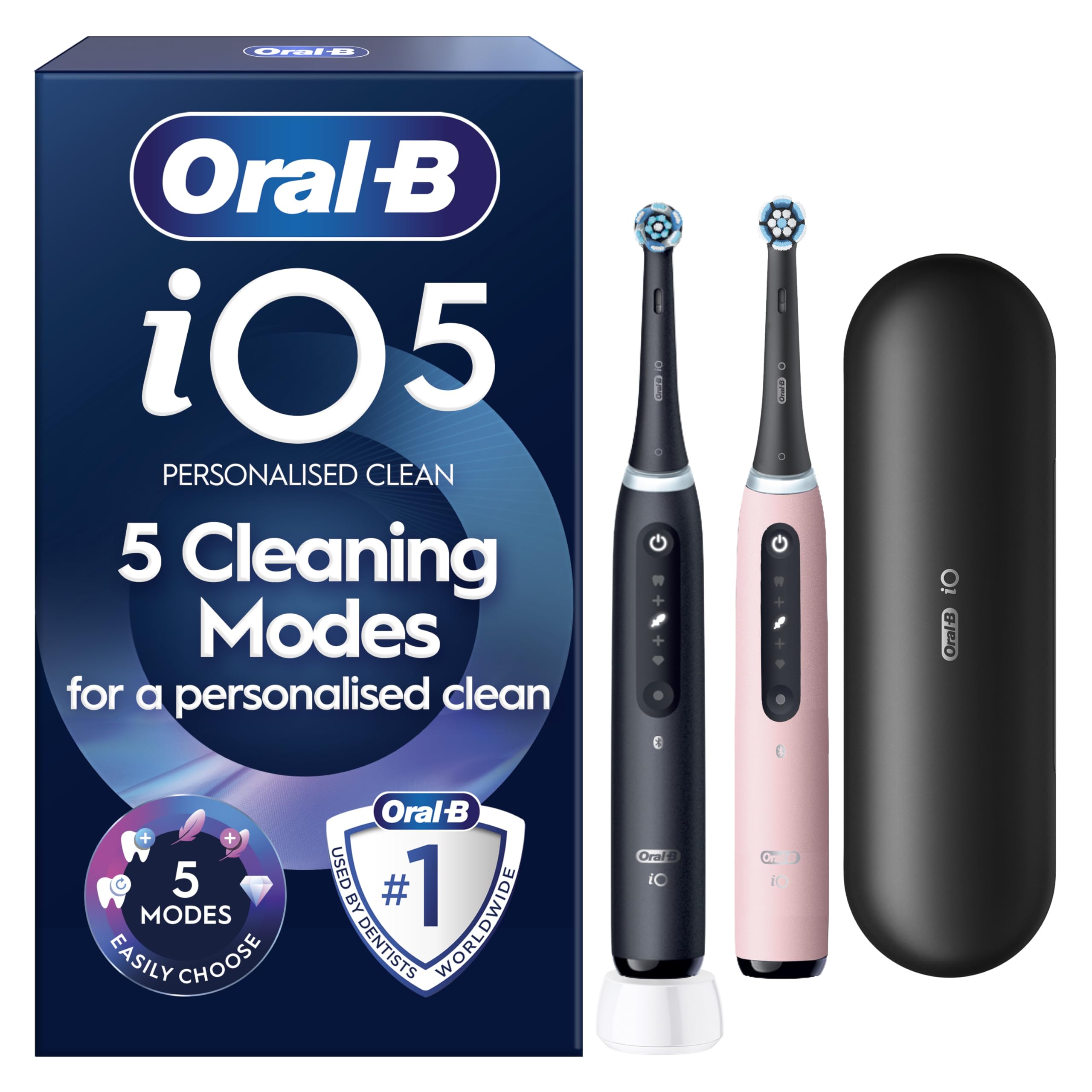 Oral-B iO5 2x Electric Toothbrushes For Adults, 2 Handles, 2 Toothbrush Heads & 1 Travel Case, 5 Modes, Teeth Whitening, UK 2 Pin Plug, Black & Pink