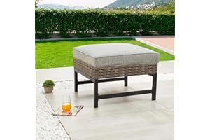 PatioFestival Outdoor Wicker Ottoman Patio Footstool Rattan Furniture Coffee Table All Weather Foot stools Seat with Cushion(Brown&Black)