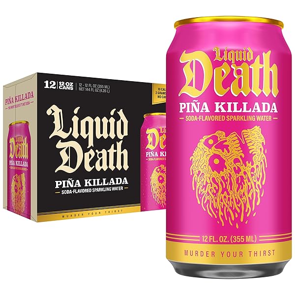 LIQUID DEATH SODA-FLAVORED SPARKLING WATER – PIÑA KILLADA (CLASSIC PIÑA COLADA), LESS SUGAR*, HUGE FLAVOR, NO CAFFEINE, NO ARTIFICIAL SWEETENERS, 12 FL OZ (PACK OF 12)