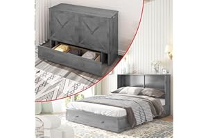 PUREMIND Queen Size Murphy Bed, Space Saving Cabinet Bed with Tri-fold Mattress and Charging Socket, Solid Wood Queen Bed with Storage Drawer for Living Room/Guest Room(Grey)