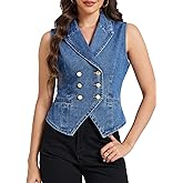 Ladyful Denim Vest Tops for Women Lapel V Neck Sleeveless Jean Vests Casual Button Down Western Suit Waistcoat Jacket