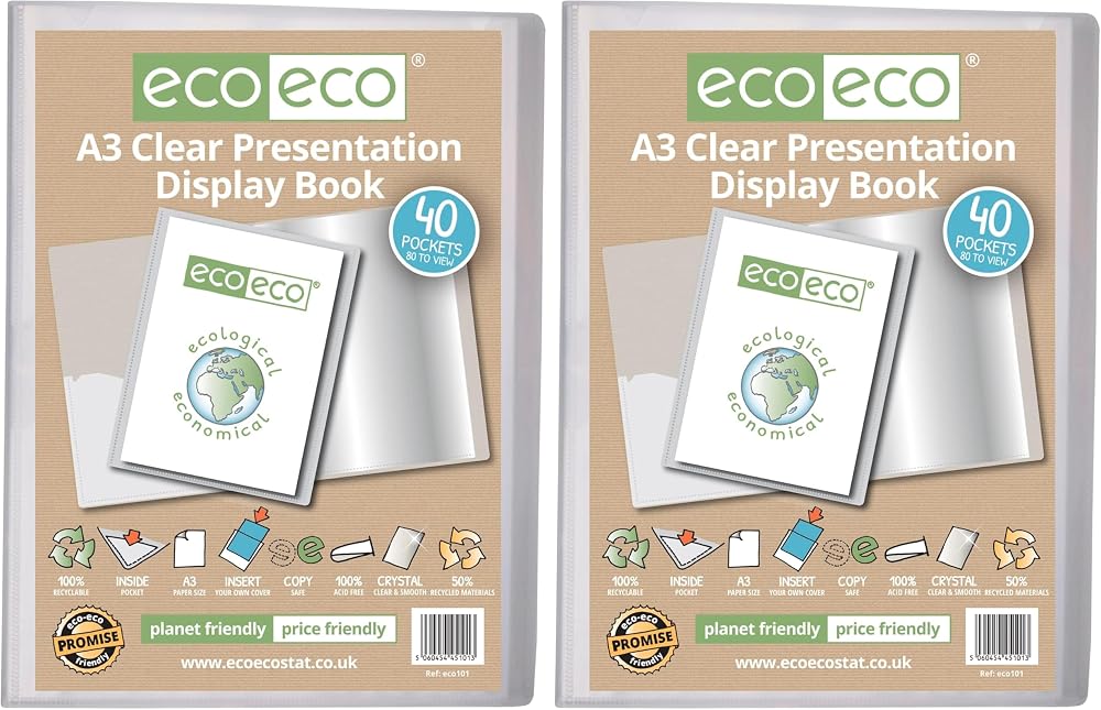 eco-eco A3 50% Recycled 40 Pocket Clear Presentation Display Book Pack of 2
