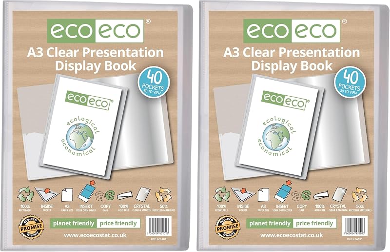 eco-eco A3 50% Recycled 40 Pocket Clear Presentation Display Book Pack of 2