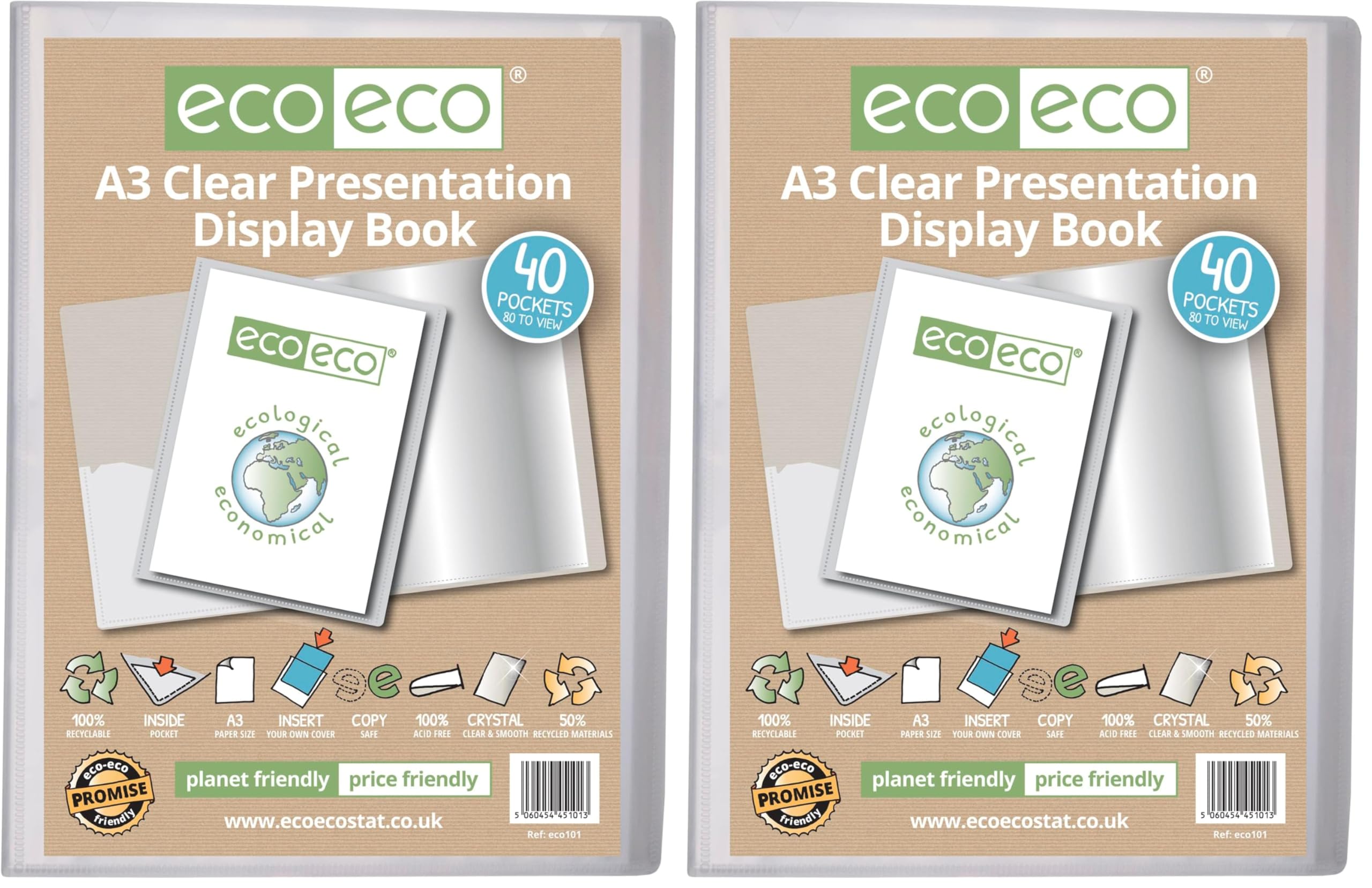 eco-eco A3 Size 50% Recycled 40 Pocket Clear Presentation Display Book, Storage Case Portfolio Art Folder with Plastic Sleeves, eco101 (Pack of 2)