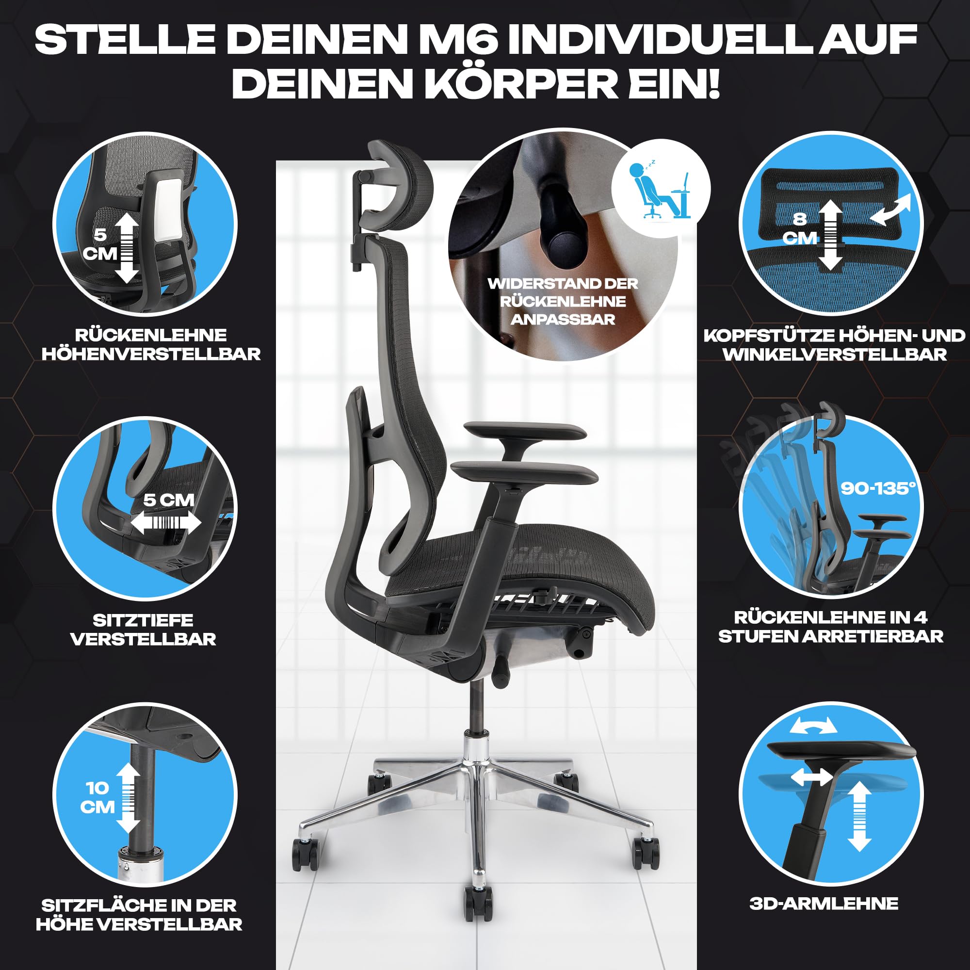 VALKENSTOL M6 Bürostuhl Ergonomisch Testsieger für Grosse Menschen, Breite Sitzfläche Schreibtischstuhl, Office Chair mit Lordosenstütze, Verstellbare Rückenlehne für Gesundes Sitzen Chefsessel 150kg 4