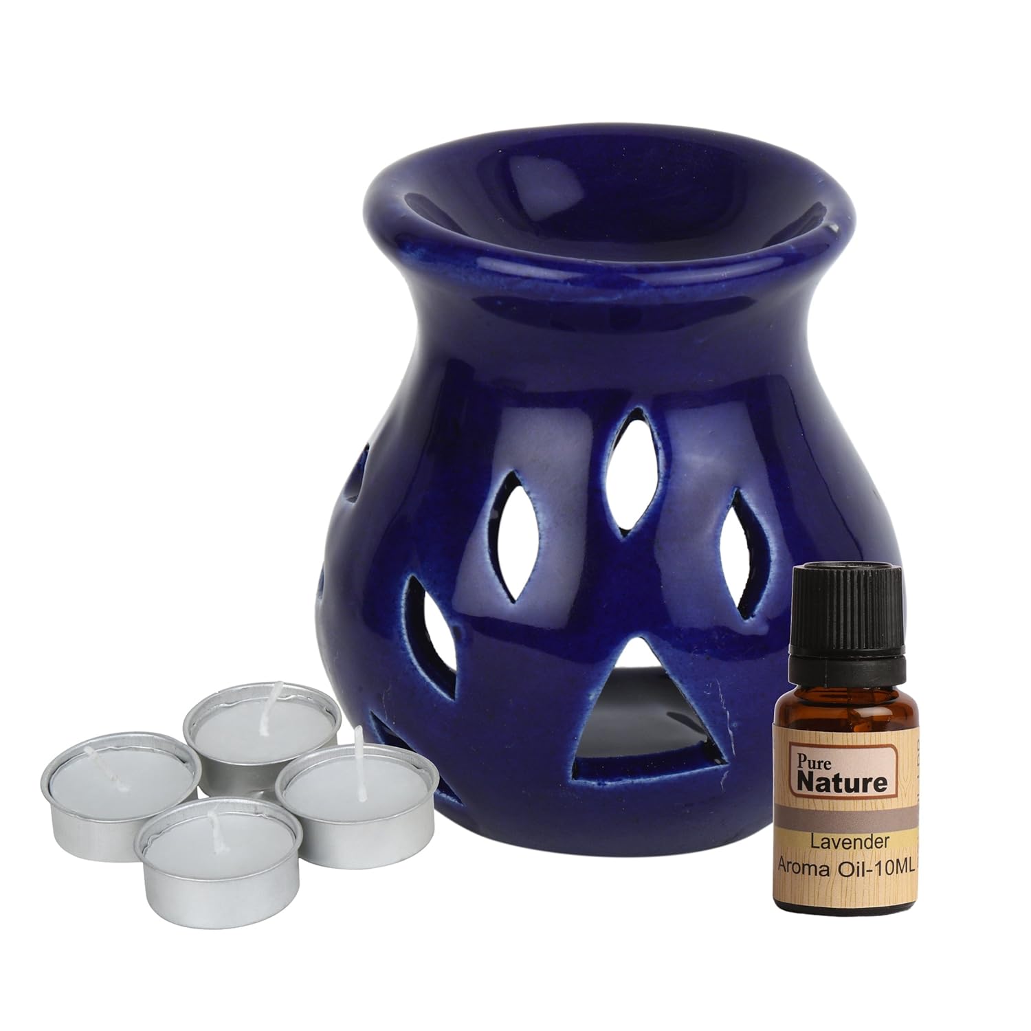 Pure Source India Ceramic Aroma Burner Regular Dark Blue Color with 10 ML Lavender Aroma Oil and