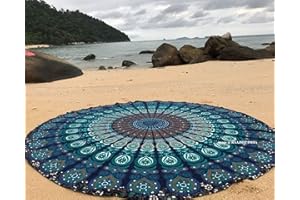 Raajsee Round Beach Tapestry Turquoise Mandala Throw/Boho Hippie Beach Blanket Roundie/Indian Cotton Bohemian Large Round Table Cloth-Home Decor/Yoga Mat Meditation Picnic Rug 69 inch