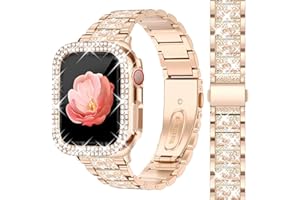 Newlibery Bling Watch Bands with Bling Case for Women Compatible with Apple Watch Band 49mm Elegant Dressy Jewelry Replacement Metal Link Wristband Protector Cover for iWatch Series Ultra 3/2/1 Rose Gold