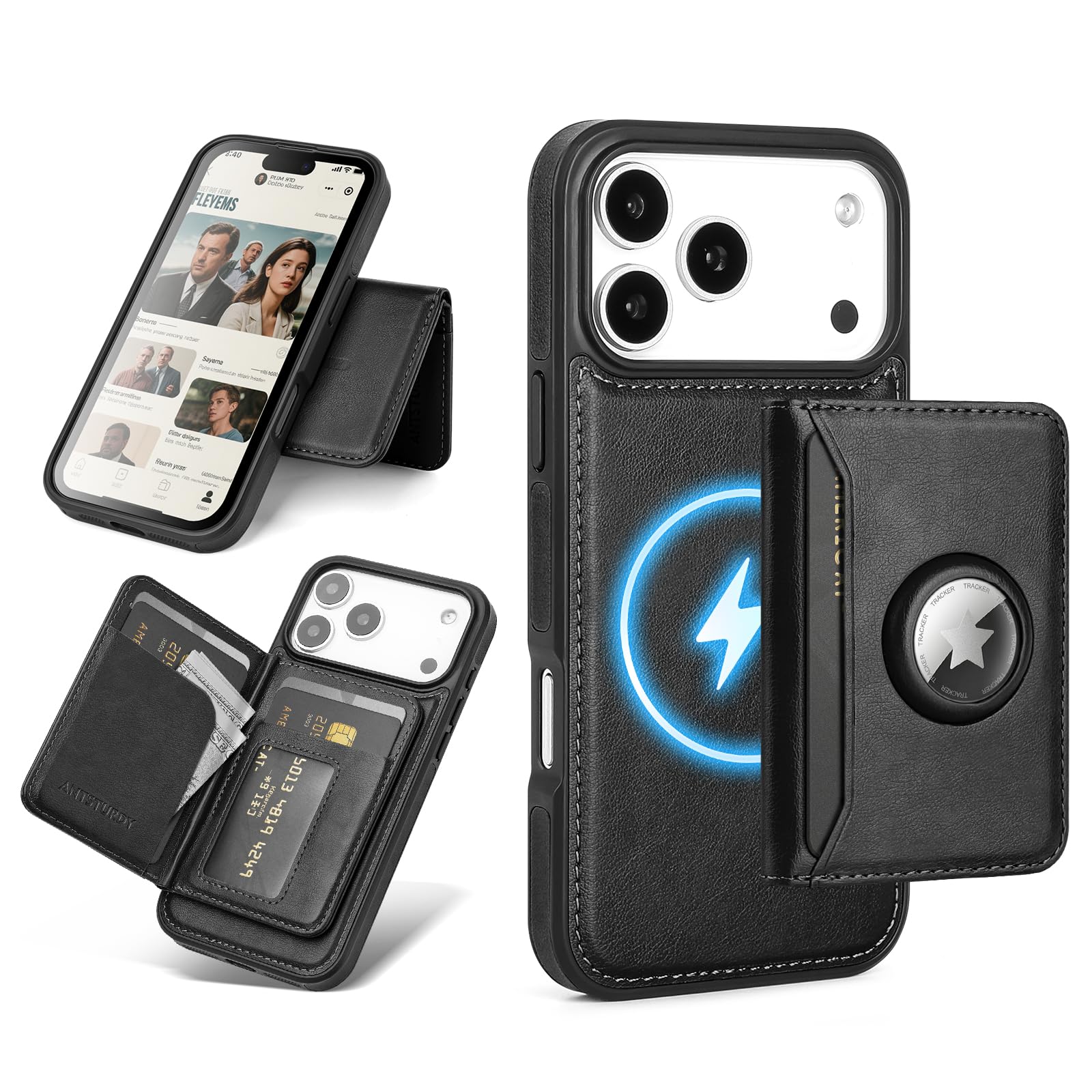 Antsturdy Compatible with MagSafe 2 in 1 Detachable Magnetic iPhone 17 Pro Max Case Wallet with AirTag Holder,Men Women PU Leather RFID Blocking Credit Card Holder Slots Flip Cover Kickstand,Black