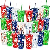 Jingmore 32 Pcs Christmas Plastic Cups Bulk 24 oz Reusable Plastic Drinking Tumbler with Lids and Straws Kids Christmas Party Cups for Xmas Gift Holiday Party Supplies