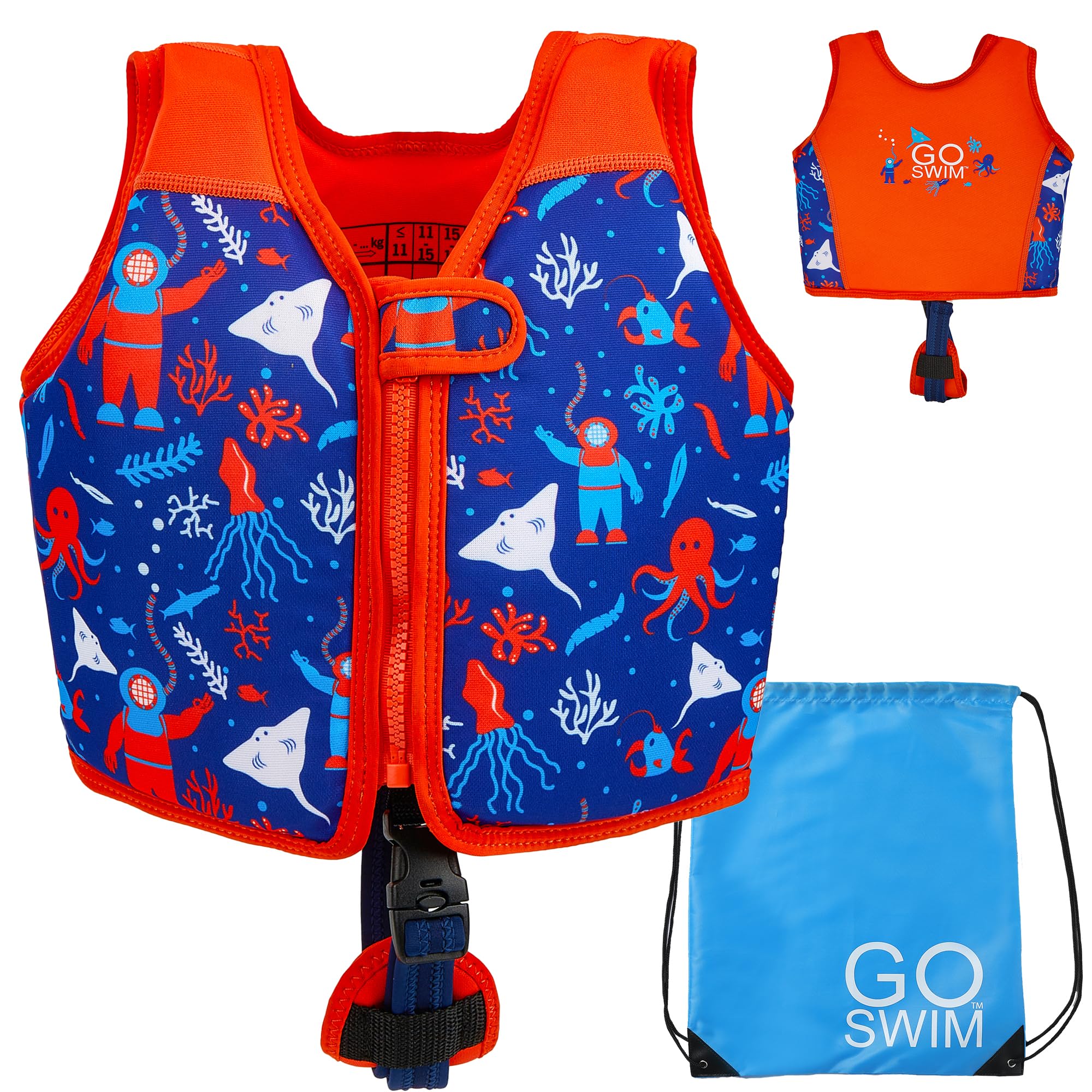 Go Swim Float Vest – Baby, Toddler & Kids Swim Vest for 1-6 Years- Fixed Buoyancy & Safety Strap. *Includes Free Swim bag* (Deep Sea Divers, 3-6 Years/19-30kgs)
