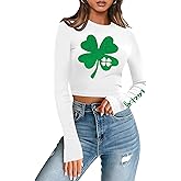 For G and PL Women St. Patrick's Day Crewneck Long Sleeve Shirt Shamrock Slim Fitted Ribbed Crop Top