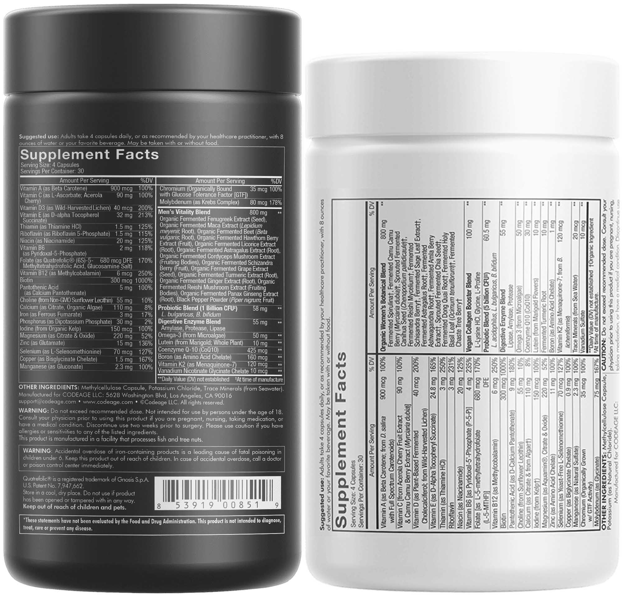 Codeage Daily Multivitamin Bundle: Women's & Men's Multivitamins, B-Vitamins, Probiotics, Food-Based Blends, 120 Capsules Per Bottle