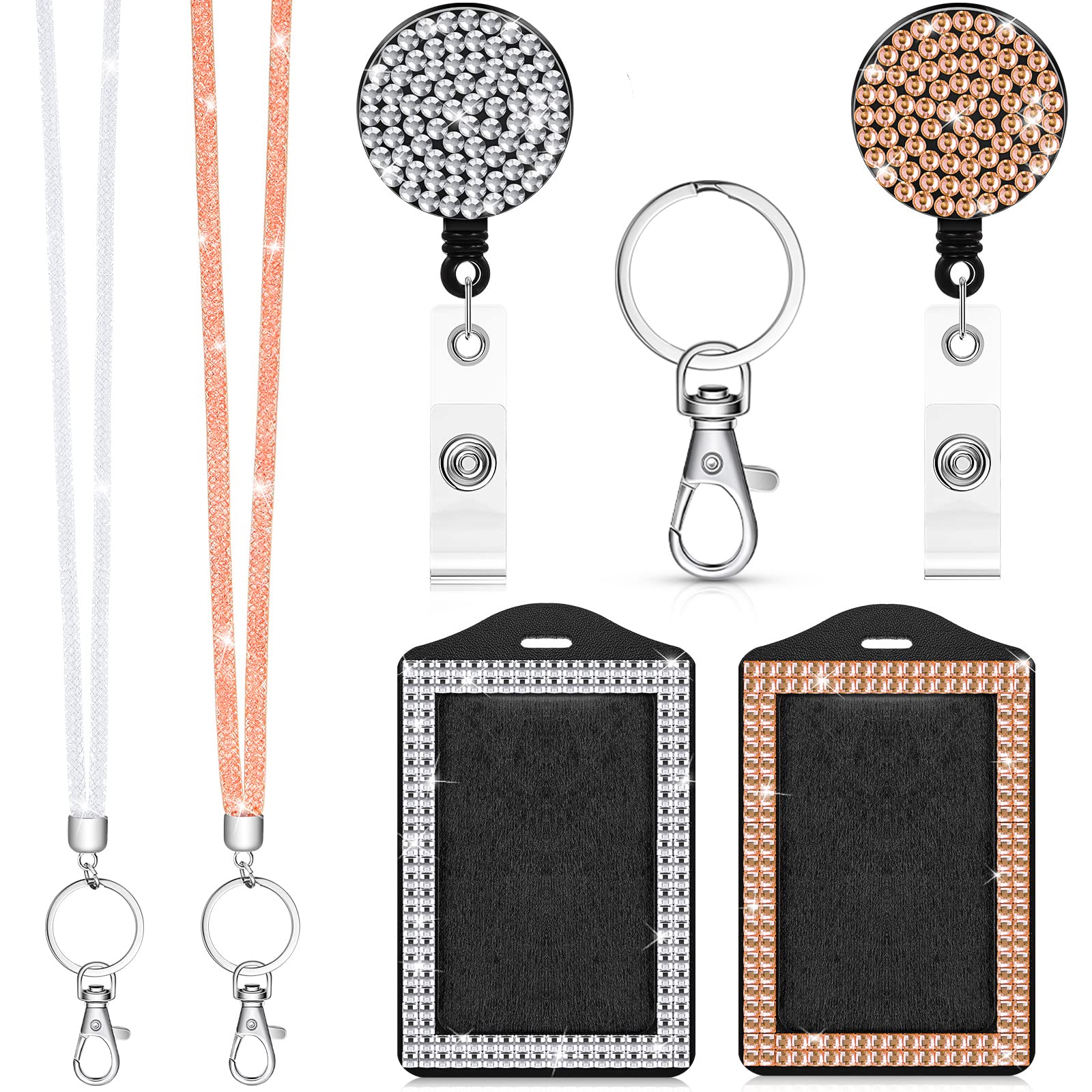 Photo 1 of 2 Set Rhinestone Bling Lanyards for ID Badges Holder Crystal ID Card Holder Retractable Lanyard with Metal Clasp Key Ring for Women Office School Travel(White, Champagne)