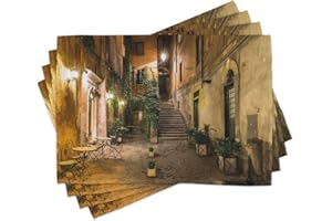 Ambesonne Italian Place Mats Set of 4, Old Courtyard Rome Italy Cafe Chairs City Historic Houses in Street, Washable Fabric Placemats for Dining Table, Standard Size, Orange Brown