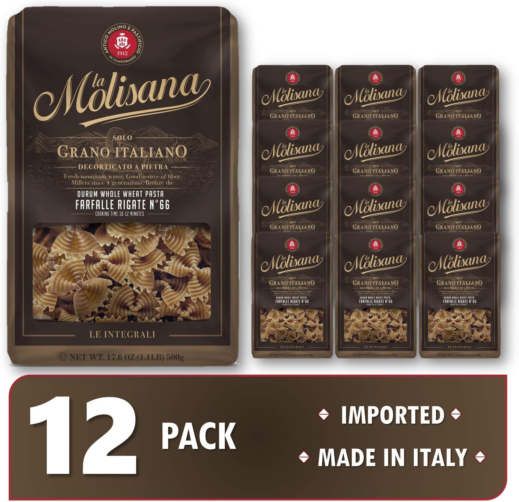 La Molisana Imported Pasta | Premium Italian, Durum Whole Wheat | Authenic Italiano Flavor (1.1lbs each) (Farfalle Rigate, 12pk)