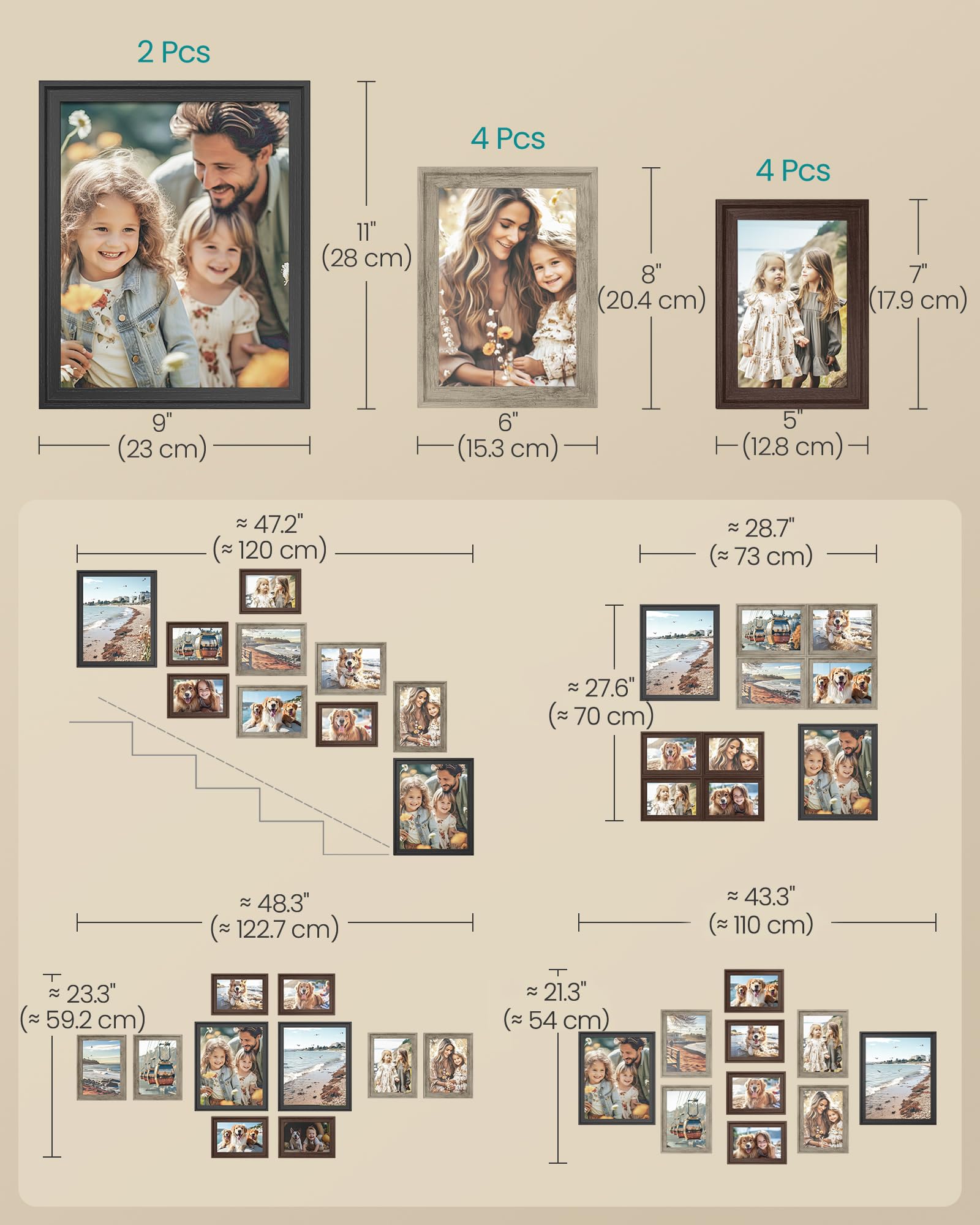 SONGMICS Picture Frames with 16 Mats, Set of 10 Collage Photo Frames, Two 8x10, Four 5x7, Four 4x6 Frames, Hanging or Table Display, Glass, 12 Non-Trace Nails, Maroon Brown, Heather Greige, Ash Black