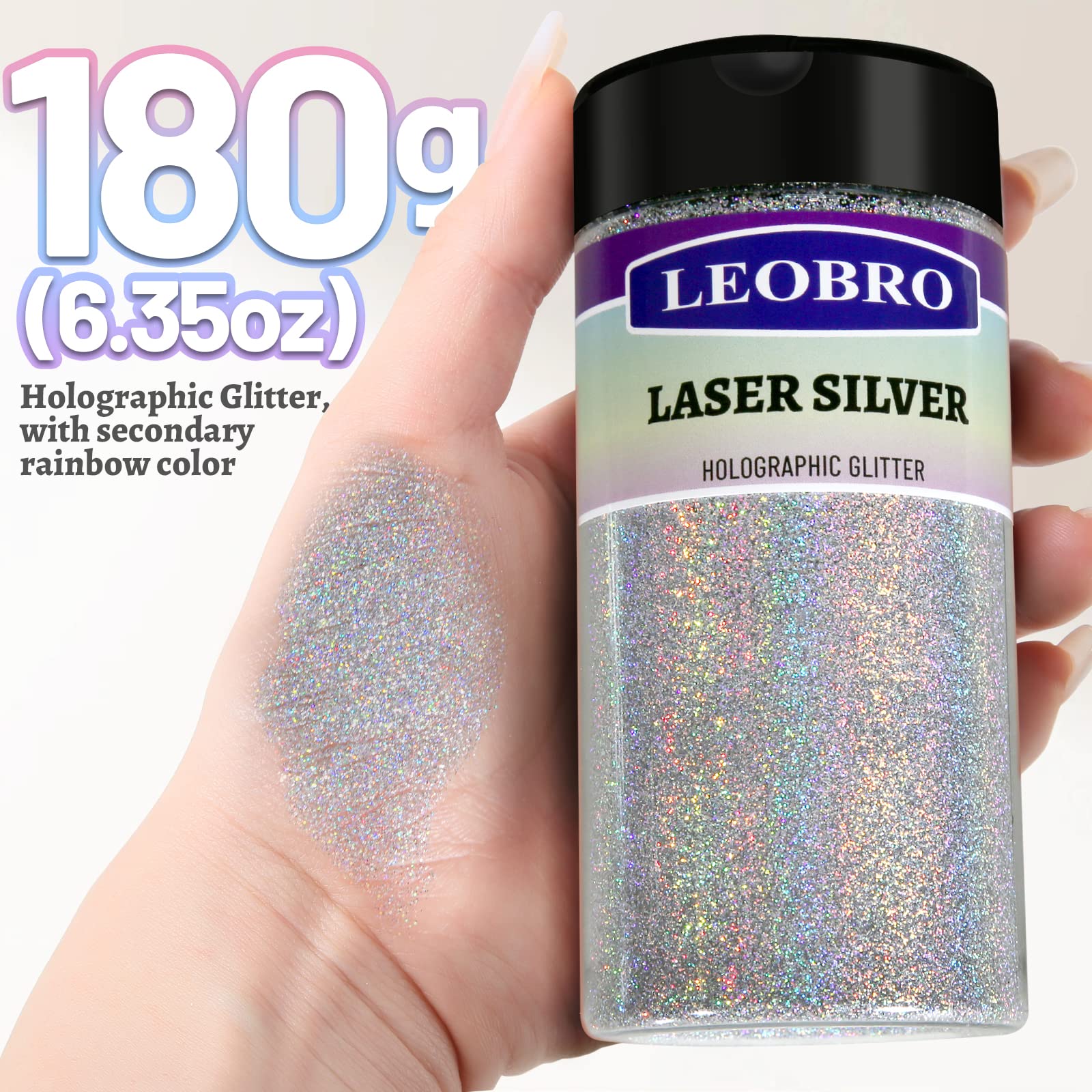 LEOBRO Silver Glitter, 180g/6.35oz Holographic Silver Fine Glitter for Resin, Crafts, Tumblers, Nail Body, DIY Party Decorations