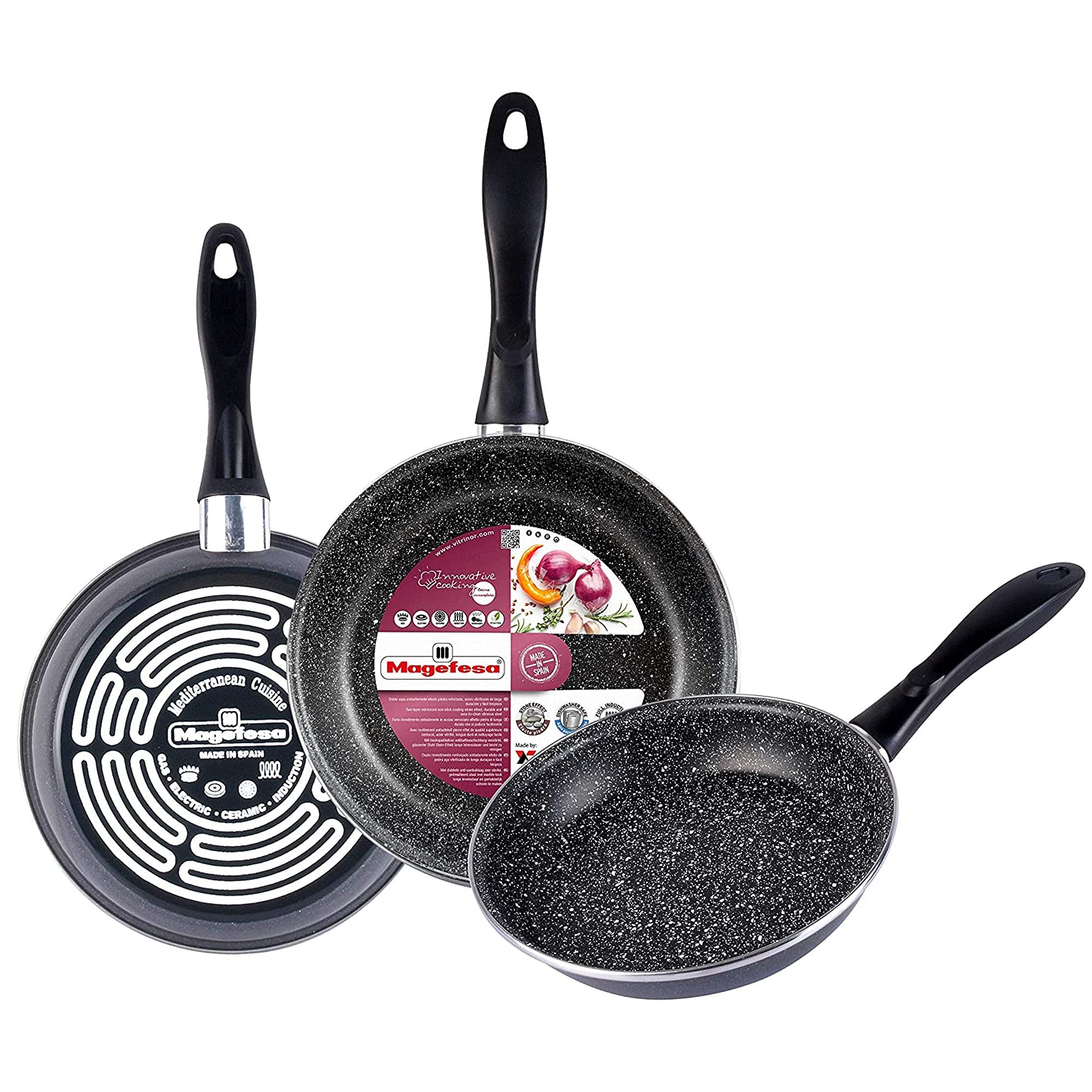 Magefesa K2 Gransasso Set of 3 pans 20/24/28 cm, vitrified steel External, Grey, two-layer non-stick, stone effect, for all types of cooking, special induction. 50% energy savings