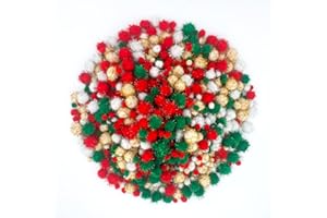 Lusy DM 1200 Pieces Christmas Pom Pom Glitter Pom Pom Balls Christmas Tinsel pom pom for Craft Making and Hobby Supplies (4 Sizes, Gold, White, Red, Green)