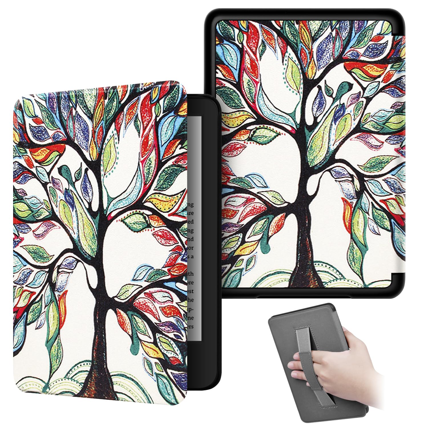 KEROM Case for 6.8" Kindle Paperwhite (11th Generation, 2021) and Kindle Paperwhite Signature Edition, PU Leather Protective Cover Case with Hand Strap, Card Slot, and Auto Sleep/Wake - Tree of Life