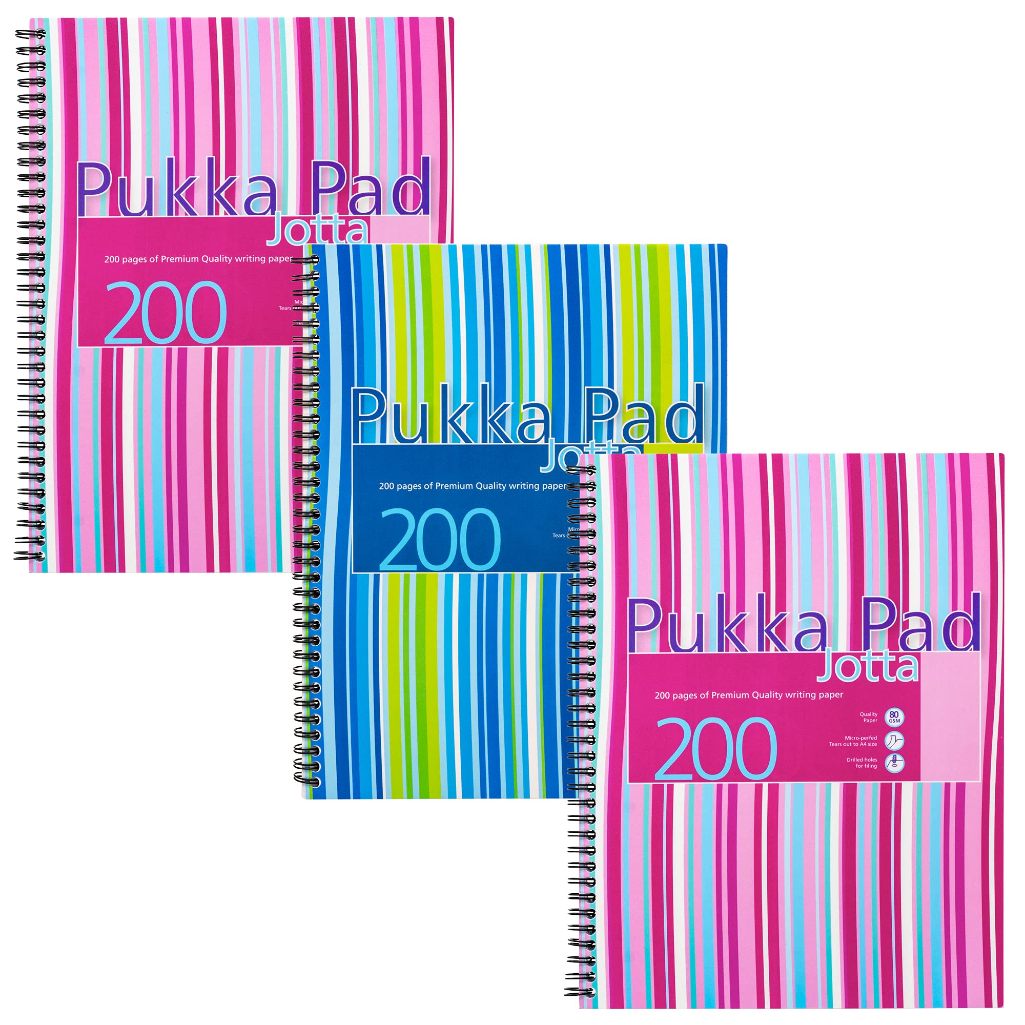 Pukka Pad, Striped Jotta Pad A4 Notebook 3-Pack with Twin Wire Binding - 200 Pages of 80GSM Paper with 8mm Lines and Perforated Edges – Assorted Colours, 29.7 x 22.5 cm