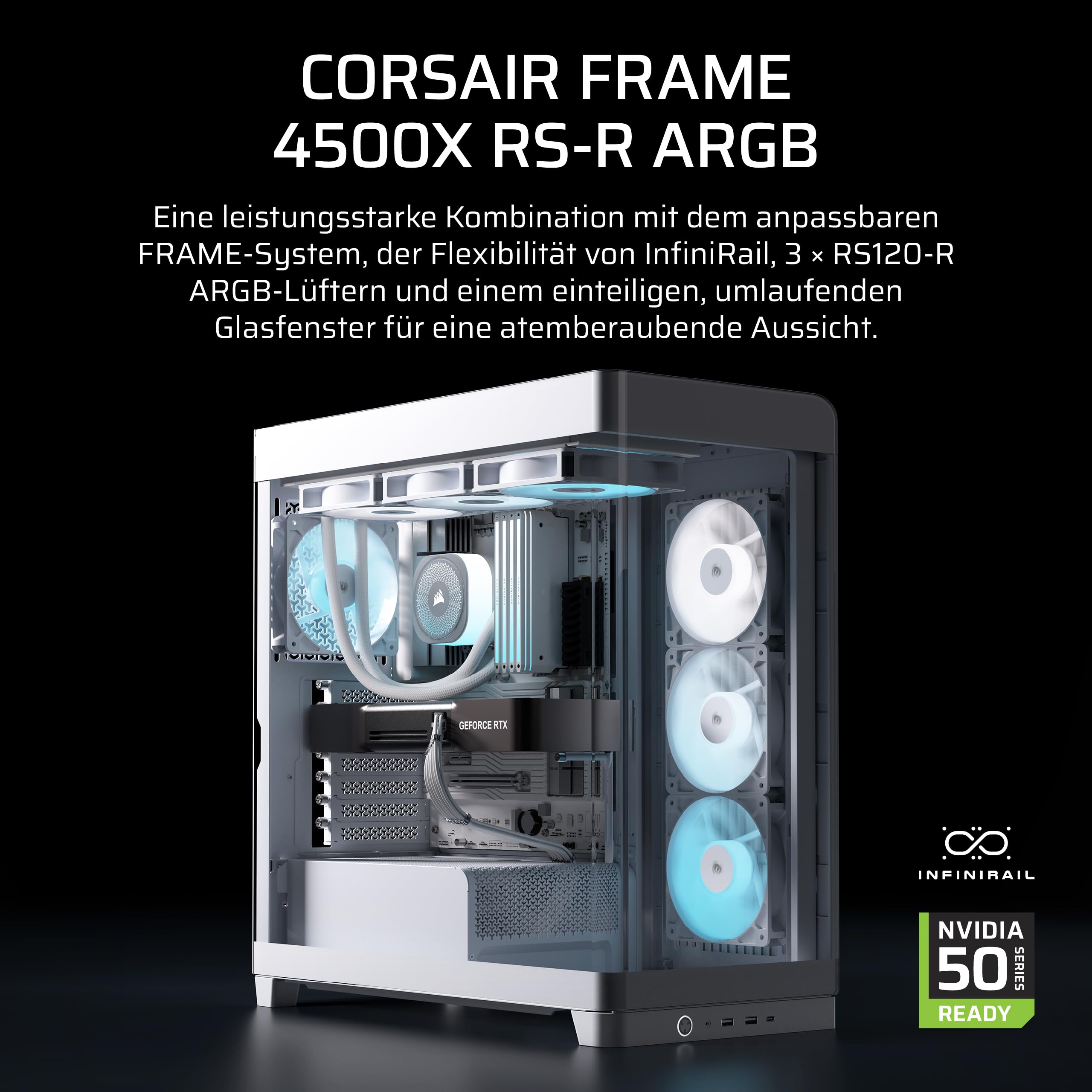 Corsair Frame 4500X RS-R ARGB Panoramaglas Mid-Tower-PC-Gehäuse – InfiniRail Lüftermontagesystem, Passend für Zwei 360 mm Radiatoren, GPU Anti-Sag, Enthält 3X RS120R RGB LINK Lüfter – Weiß 2