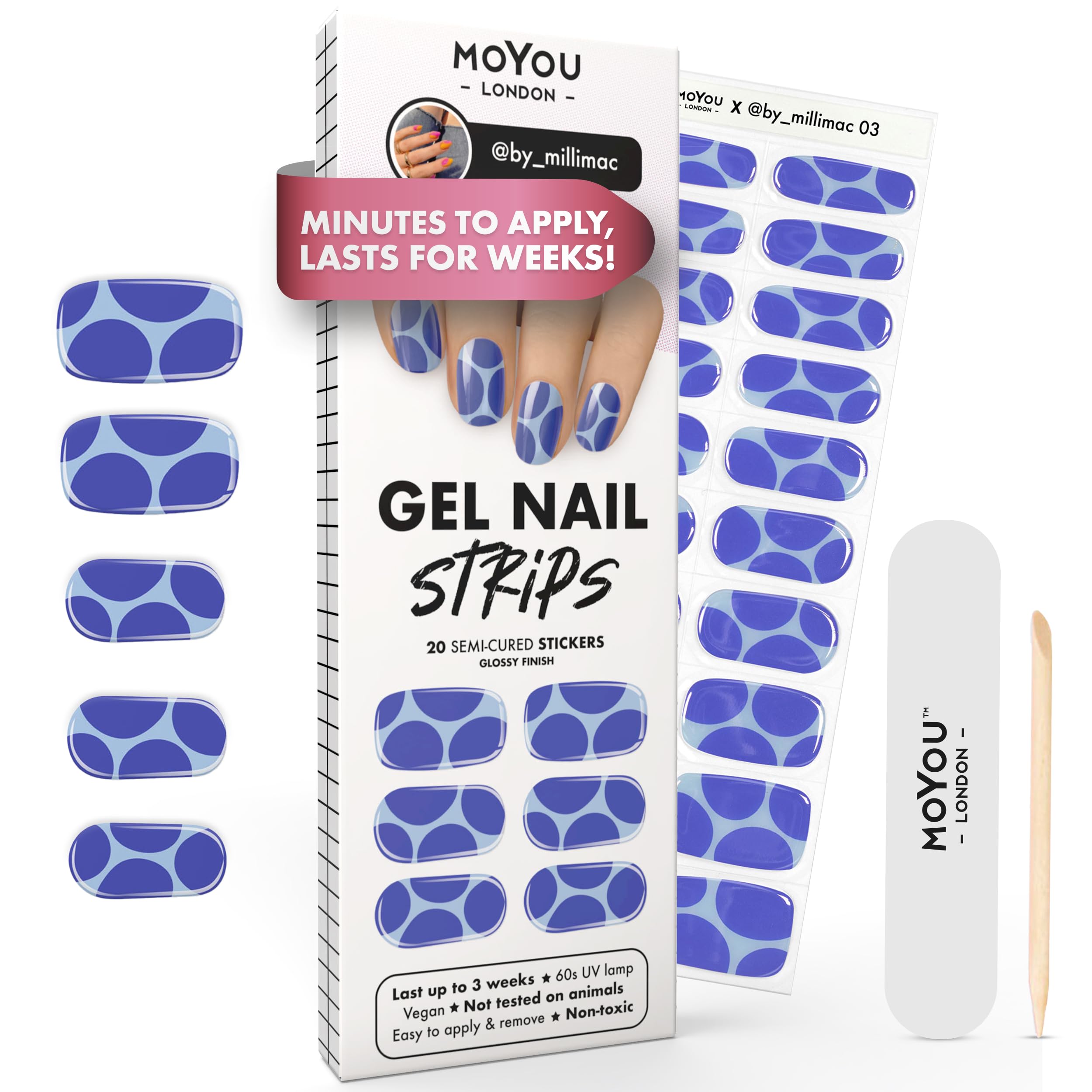 MOYOU LONDON Semi Cured Gel Nail Strips - 20 Pcs. Waterproof Gel Nail Wraps, Cures in Sunlight or UV/LED Lamp, Lasts Up to 2+ Weeks, Stretchable, Easy to Apply & Remove, Vegan & Cruelty-Free