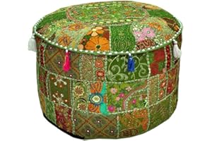 Aakriti Gallery Indian Pouf Footstool Ethnic Embroidered Pouf Cover, Indian Cotton Round Pouffe Ottoman Pouf Cover Pillow Ethnic Decor Art - Cover Only (Green, 22x14)