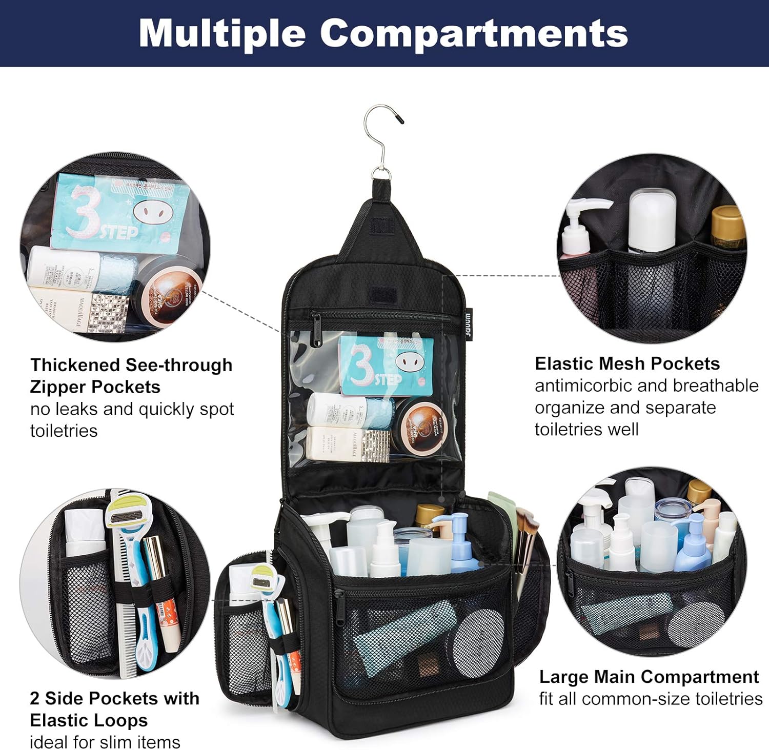 WANDF Toiletry Bag with Medicine Pocket Jewellery Bag and Clear Wet Separation Compartments Water-resistant Nylon Travel Shaving Dopp Kit Travel (Black): Clothing