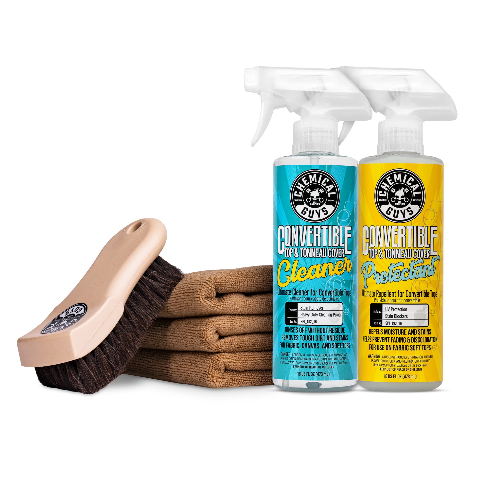 Chemical Guys HOL_995 Ultimate Convertible Top Care Kit With ACC_S95 Long Bristle Horse Hair & 3 Workhorse Microfiber Towels (Works on Vinyl, Fabric, Canvas, Textile, and Synthetic Soft Tops), 6 Items Image