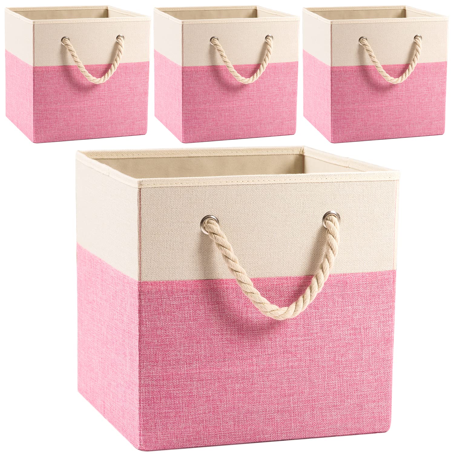 Prandom Foldable Cube Storage Bins 28x28x28cm [4-Pack] Fabric Linen Storage Baskets Cubes Drawer with Cotton Handles Organizer for Shelves Closet Bedroom Pink