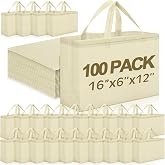 Windyun 100 Pcs Reusable Grocery Bags Large Shopping Tote Bulk, Beige | Portable Foldable Non Woven Fabric Cloth Bags with Handle, 16x6x12 Inch, Retail Wholesale Business Holiday DIY Craft Supplies