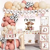 Hombae Highland Cow 1st birthday Decorations Girls, 122 PCs – Holy Cow I’m one Party Supplies with Floral Backdrop, Balloon Garland, Cake Topper, Crown for Boho Cow Themed Birthday