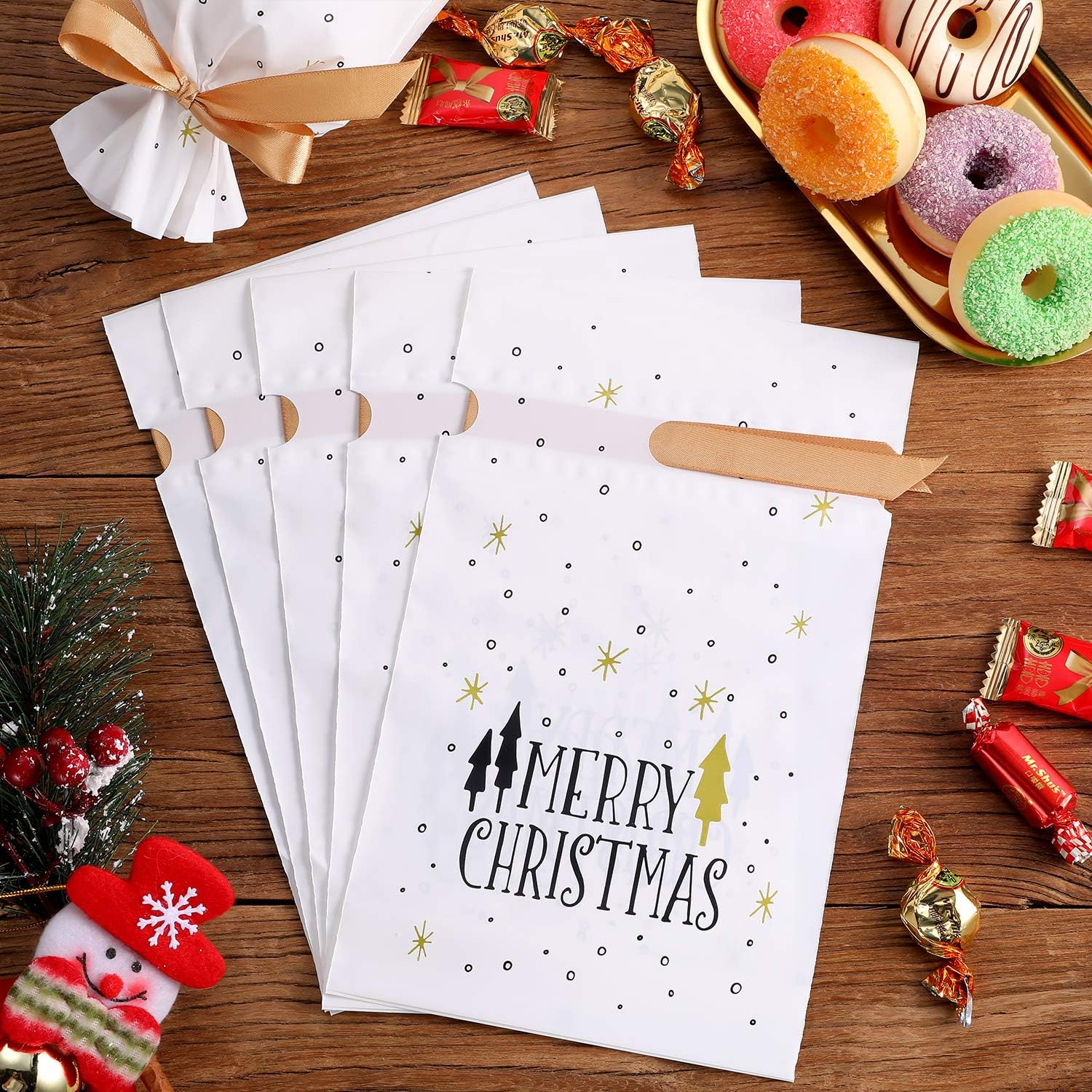 Frienda 30 Pack Treat Bags with Drawstring Merry Christmas Tree Print Plastic Candy Bags Drawstring Cookie Sack for Christmas Wedding Party Birthday Engagement Holiday Favor - Image 5