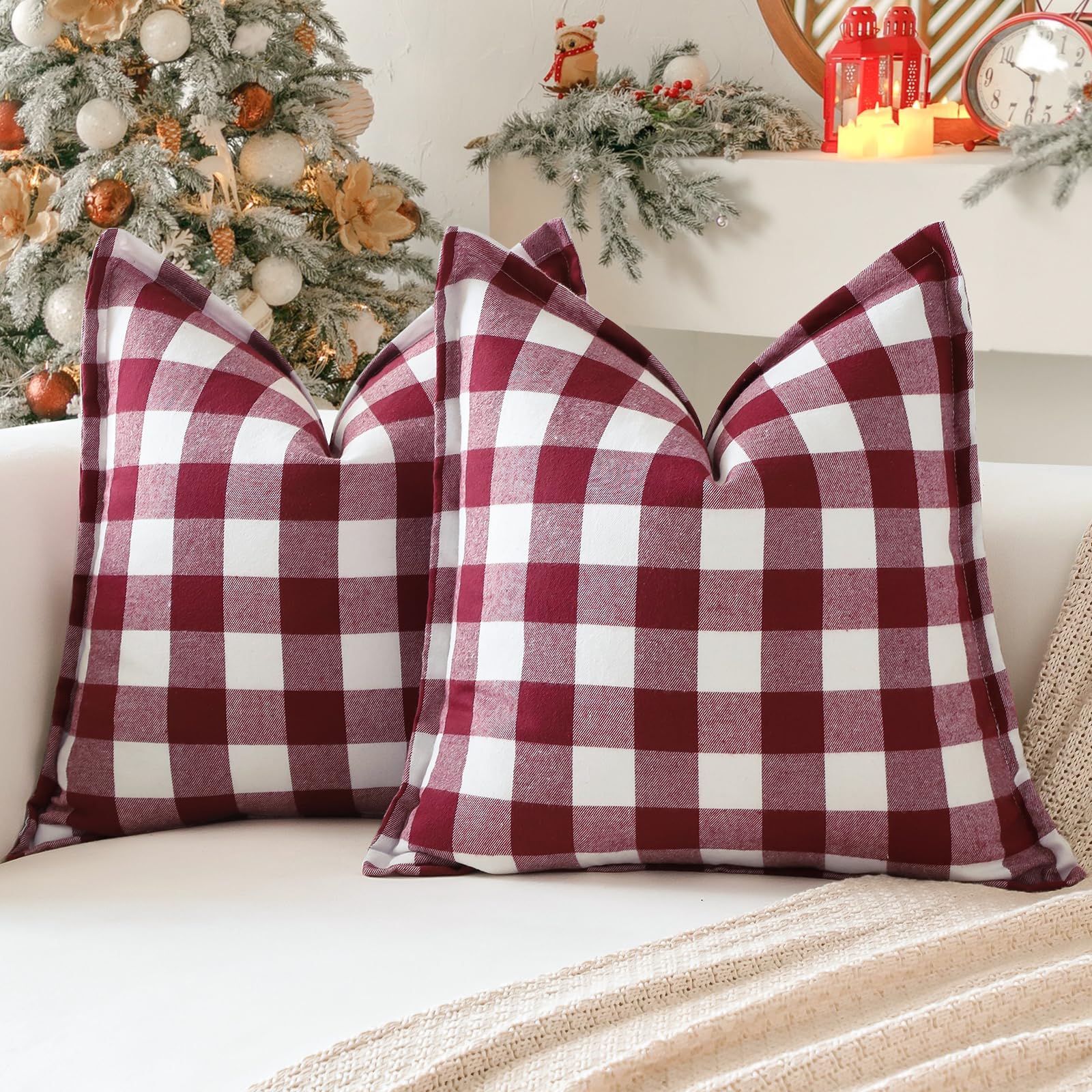 Sungeek Set of 2 Christmas Tartan Cushion Covers 60 x 60 Linen Decorative Buffalo Check Plaid Square Pillow Covers with Stitched Edge for Sofa Couch Bed Living Room 24x24 Inch (Red and White)