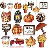 36PCS Wooden Fall Ornaments for Tree Thanksgiving Decorations,12 Styles Harvest Ornament Vintage Pumpkin Maple Leaf Cutouts for Crafts Hanging Autumn Decorations, Coffee Mug Gift Tags Hello Fall Truck
